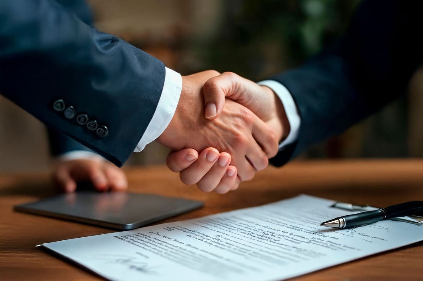 Aperto de mãos sobre um contrato assinado